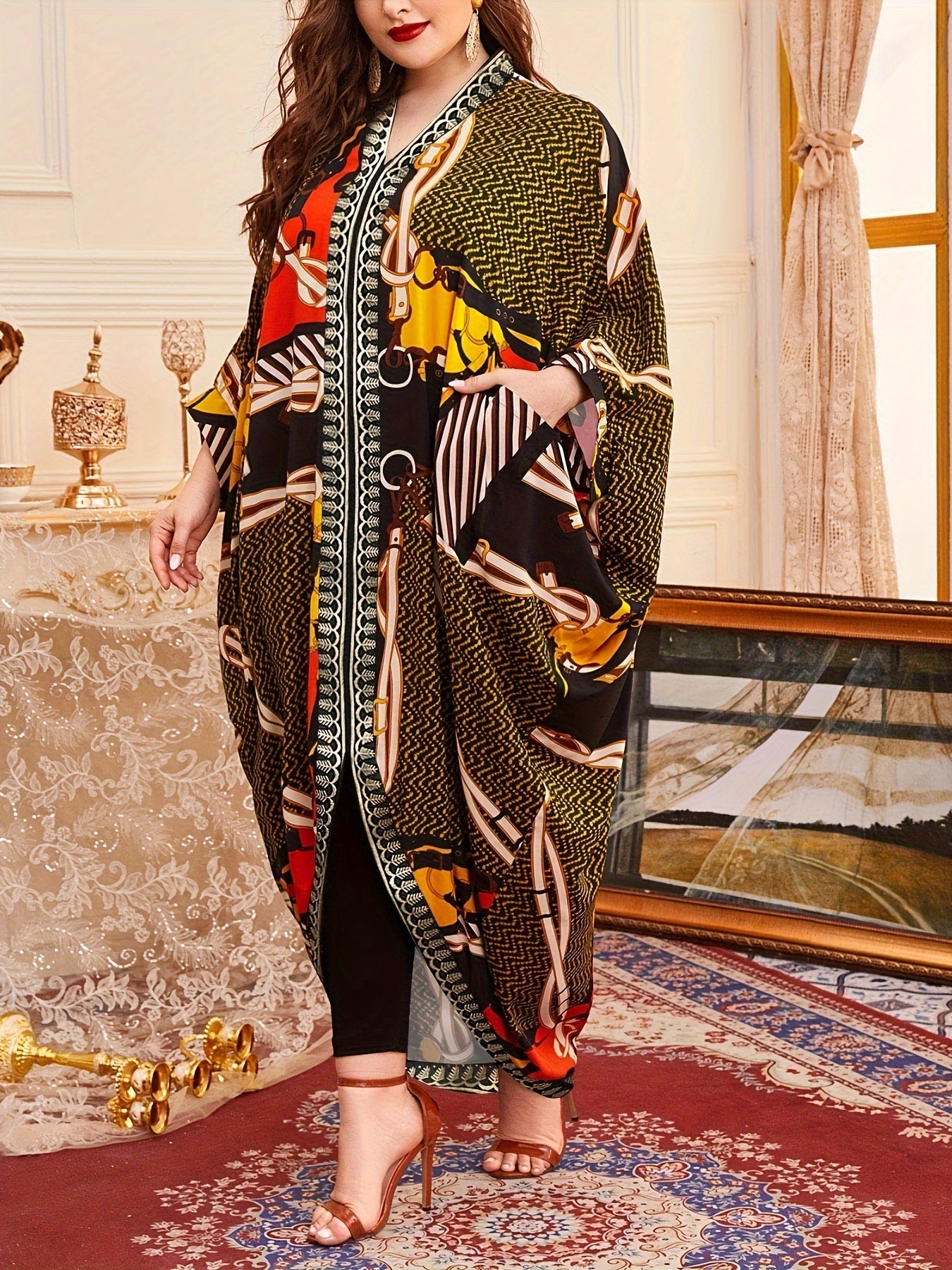 Chevron Chain Print V Neck Maxi Kaftan Cover Up Dress