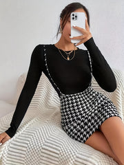 Preppy Houndstooth Print Suspender Skirt High Waist Bag Hip