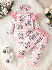 Baby Girls Cartoon Print Bodysuit Pants Headband Set