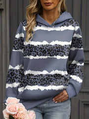 Leopard & Striped Kangaroo Pocket Hoodie Women's Sweatshirt