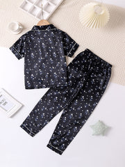 2pcs Girls Floral Print Short Sleeve T shirt And Elastic Waist Pants Pajama Set