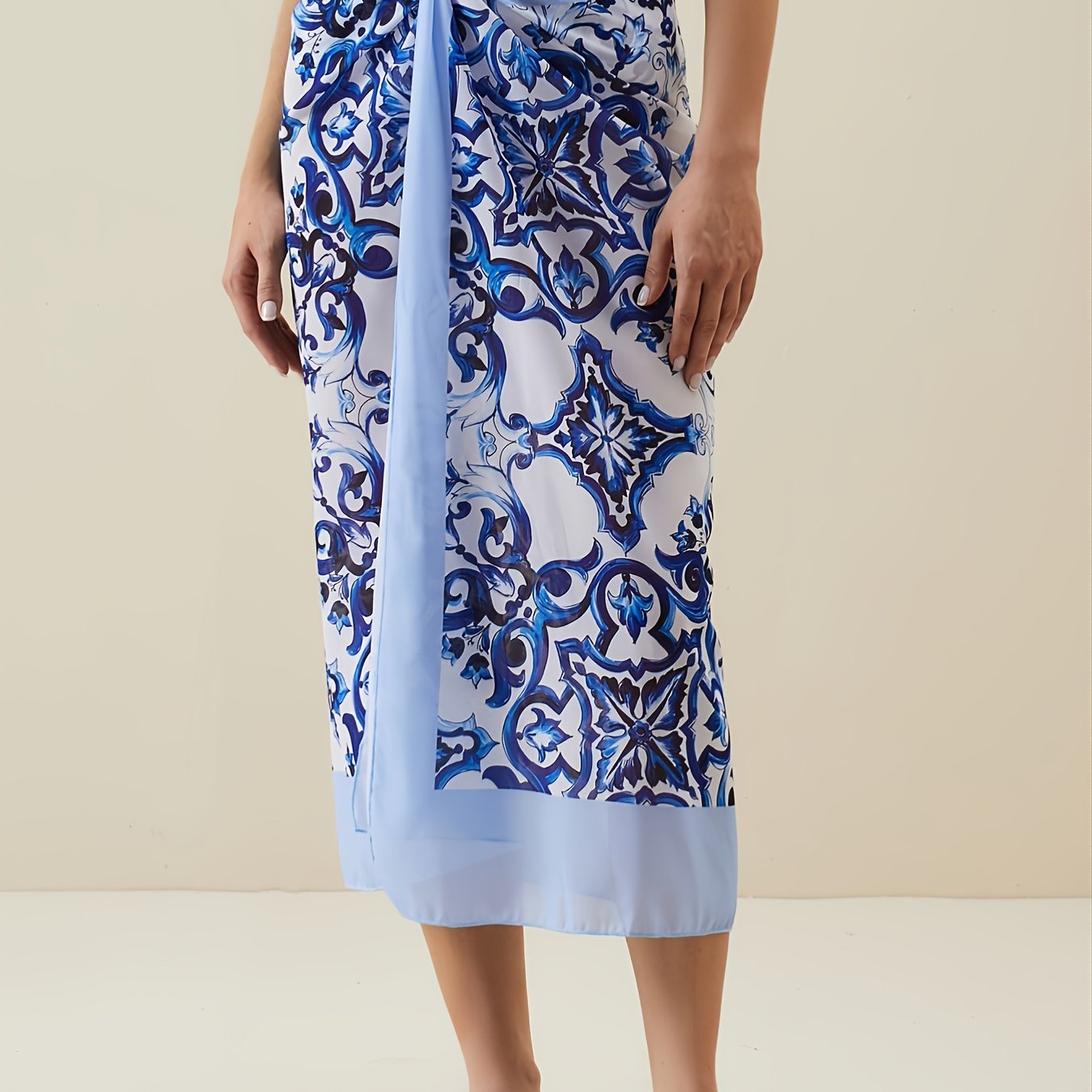 Floral Scarf Print Ruched Waist Knot Front Beachwear Cover Up