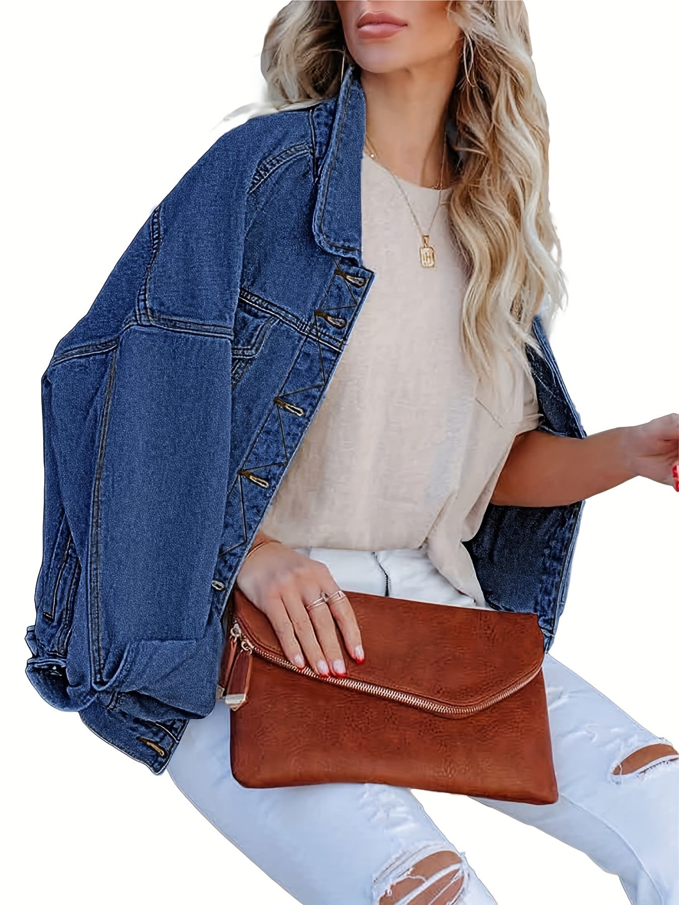 Women's Plus Denim Trucker Jacket Long Sleeve Button Up