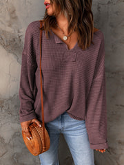 Women's Waffle V Neck Sweater Long Sleeve Solid