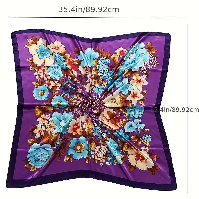 Silky Square Floral Print Scarf Satin Shawl 89x92 Cm
