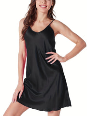 Satin Slip Nightdress V Neck Spaghetti Strap Sleep Dress Women's Sleepwear