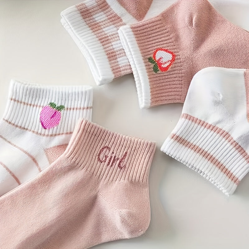 5 Pairs Fruit Pattern Ribbed Short Socks Women's Ankle Stockings