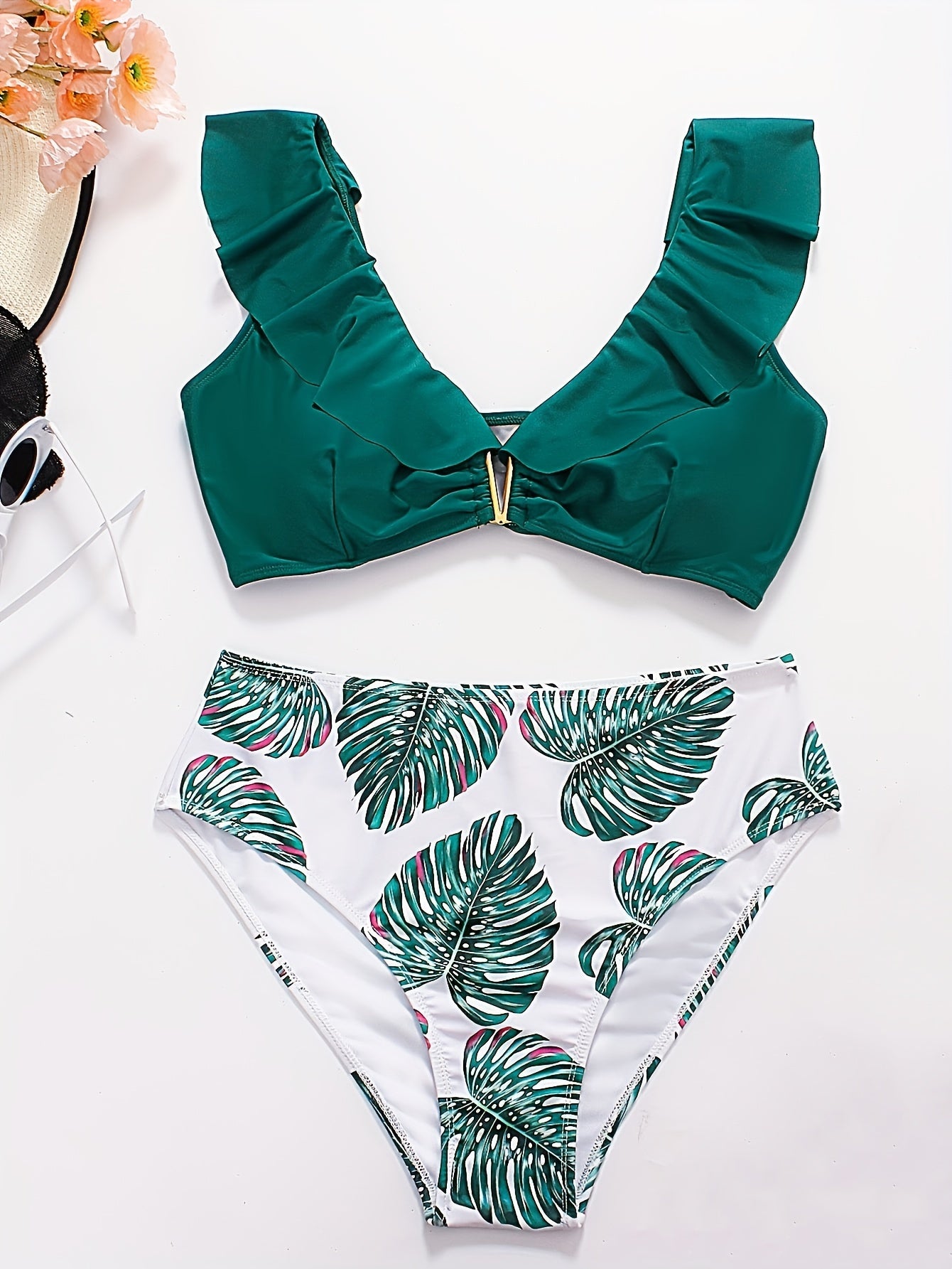 Vacay Bikini Set Solid V Wired Ruffle Trim Bra & Tropical Print Panty