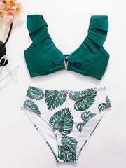 Vacay Bikini Set Solid V Wired Ruffle Trim Bra & Tropical Print Panty