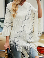 Argyle Print Tassel Cape Sweater V Neck Casual Versatile Sweater