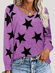 Star Print V Neck Sweatshirt Casual Long Sleeve Pullover for Spring & Fall