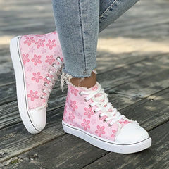 Pink Floral High Top Canvas Sneakers Lace Up Flat Shoes