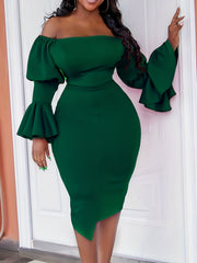 Plus Size Dress Off Shoulder Bell Sleeve Bodycon Midi Dress