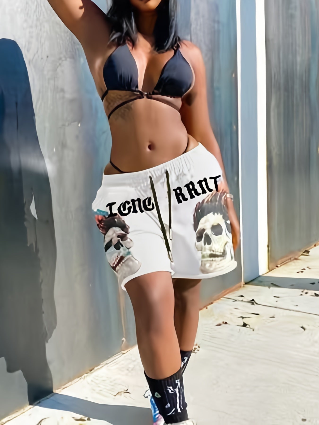 Skull Print Drawstring Shorts Elastic Waist Wide Leg