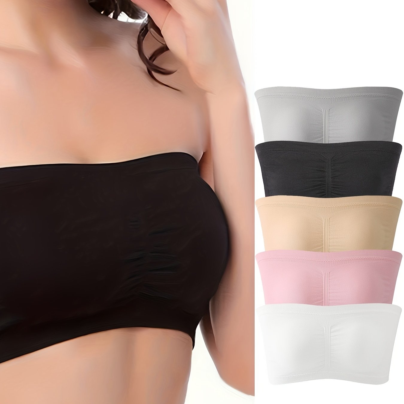 5 Pack Plus Size Tube Bra Set, High Stretch, Wireless, Removable Padding