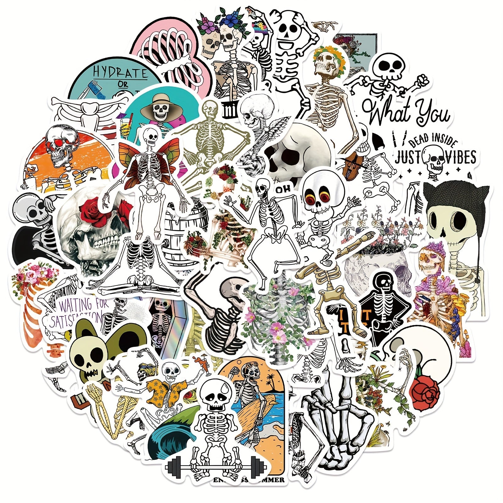 50pcs Funny Skeleton Stickers Pack Waterproof Vinyl Skull Stickers