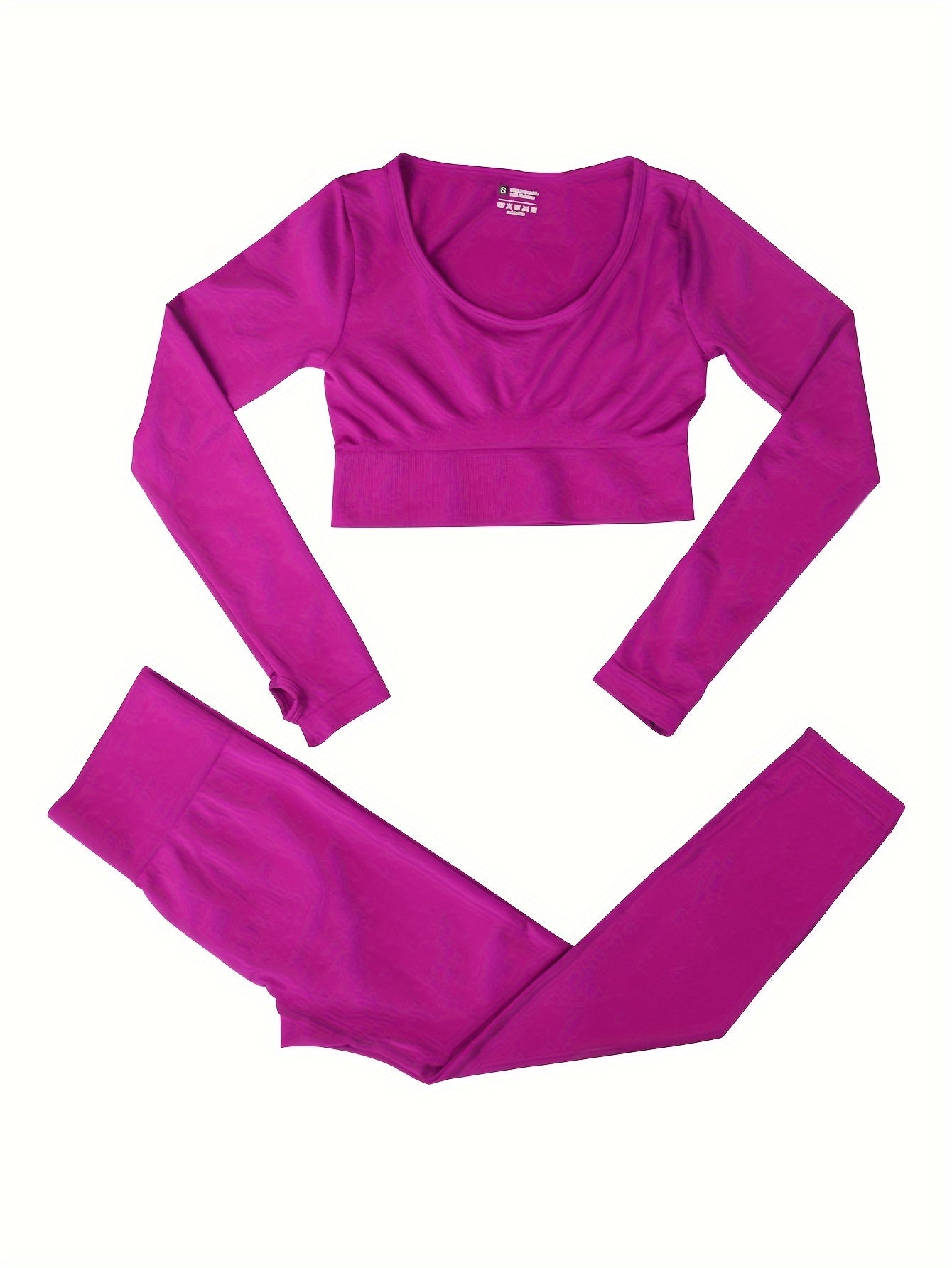 2pcs Solid Yoga Sports Sets Long Sleeve Crop Top & Leggings Women's Activewear