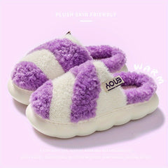 Colorblock Warm Home Slippers Thick Bottom Non-slip Fluffy Slides