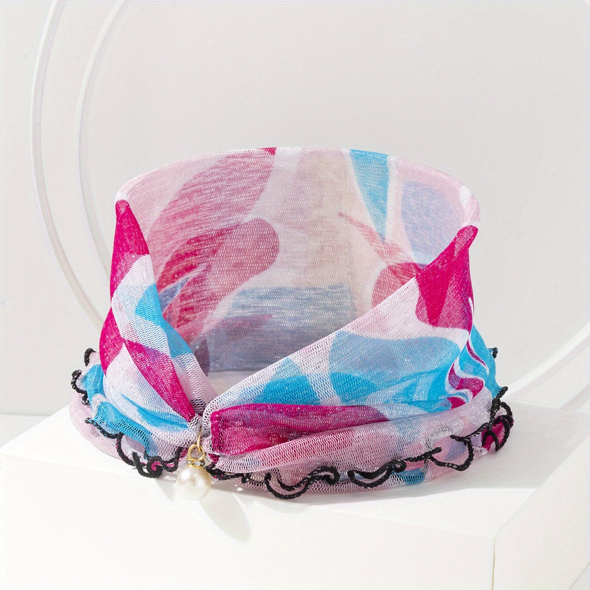 Colorful Striped Ruffle Scarf Neckerchief Faux Pearl Decor Headband