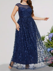 Leaf Print Sequin Cap Sleeve Maxi Evening Formal Dress