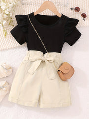 Girl's Ruffle Short Sleeve T shirt & Shorts Set with Bow Belt