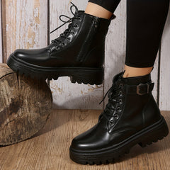 Women's Lace-Up Combat Boots Round Toe Side Zip Outdoor Short Boots