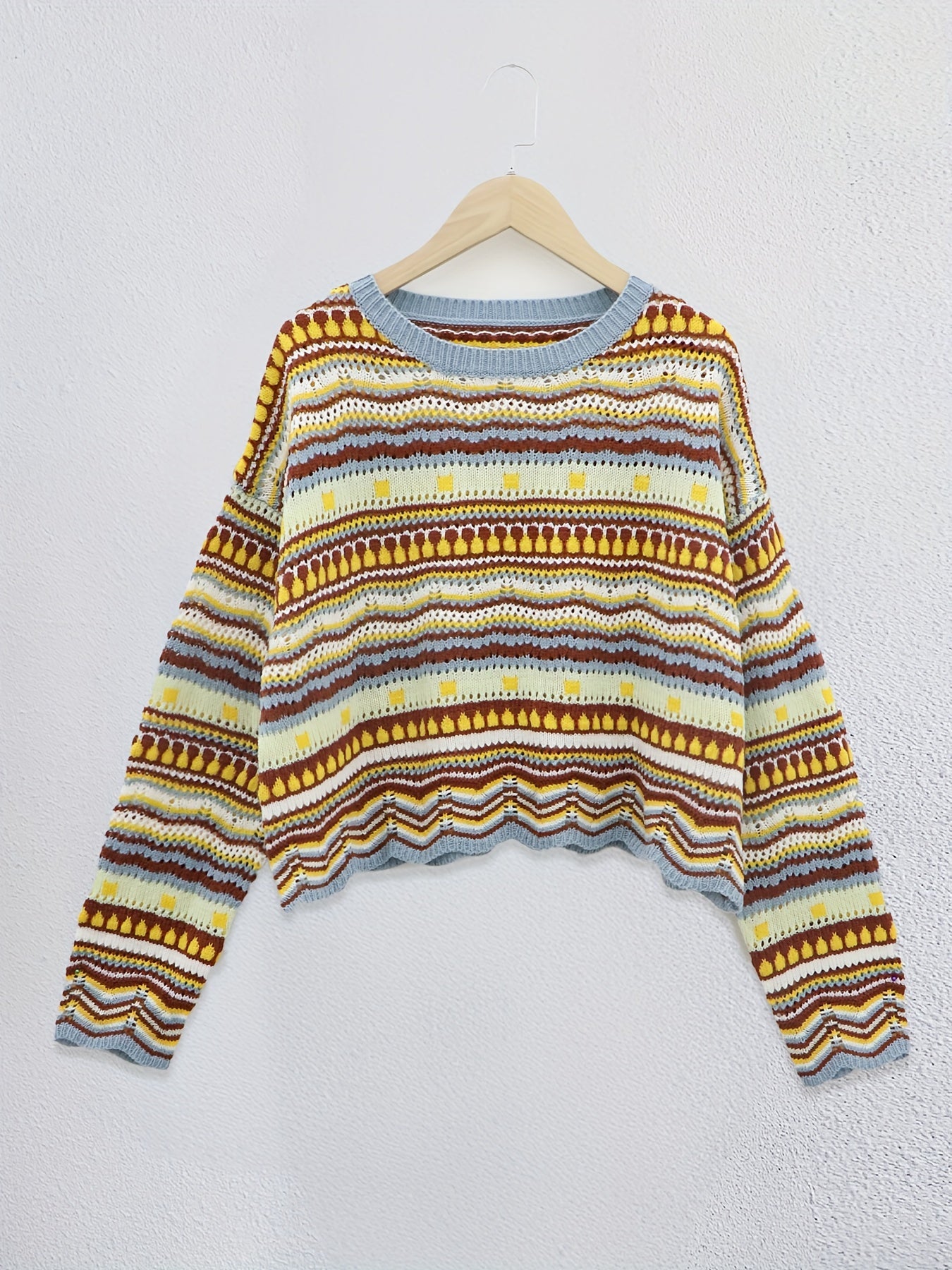 Ethnic Print Eyelet Knit Sweater Casual Crew Neck Long Sleeve Sweater