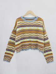 Ethnic Print Eyelet Knit Sweater Casual Crew Neck Long Sleeve Sweater