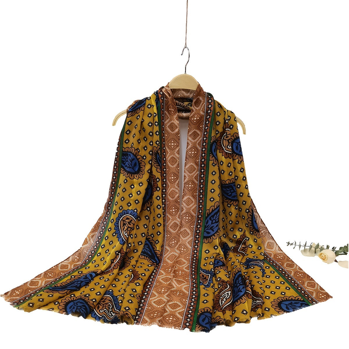 Bohemian Paisley Print Scarf Vintage Frayed Edge Long Shawl