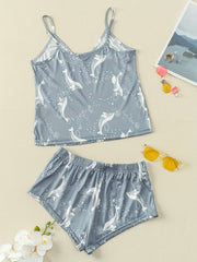 Whale Print Pajama Set Comfort Colorblock Cami Top & Shorts