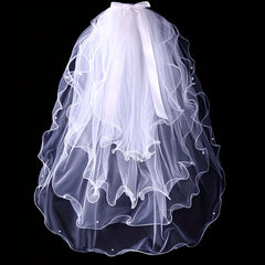 4 Layer Bridal Head Veil with Comb & Faux Pearl Satin Bowknot Hair Piece