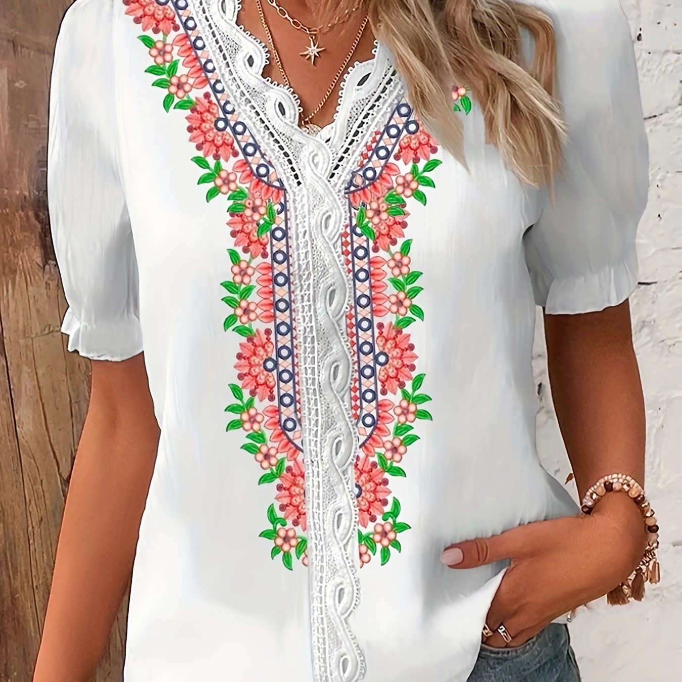 Floral Print Lace Sleeve V Neck Blouse