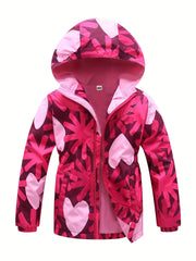 Girls' Fleece Thermal Hooded Jacket Windbreaker Hearts Print