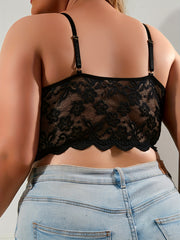 Plus Floral Lace Longline Bralette Semi Sheer Scalloped Trim Plus Size