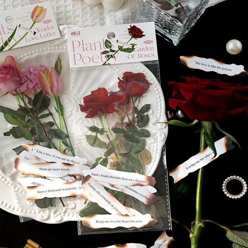 12pcs 3D Red Rose & Tulip Waterproof Stickers Set for Scrapbooking & Journaling