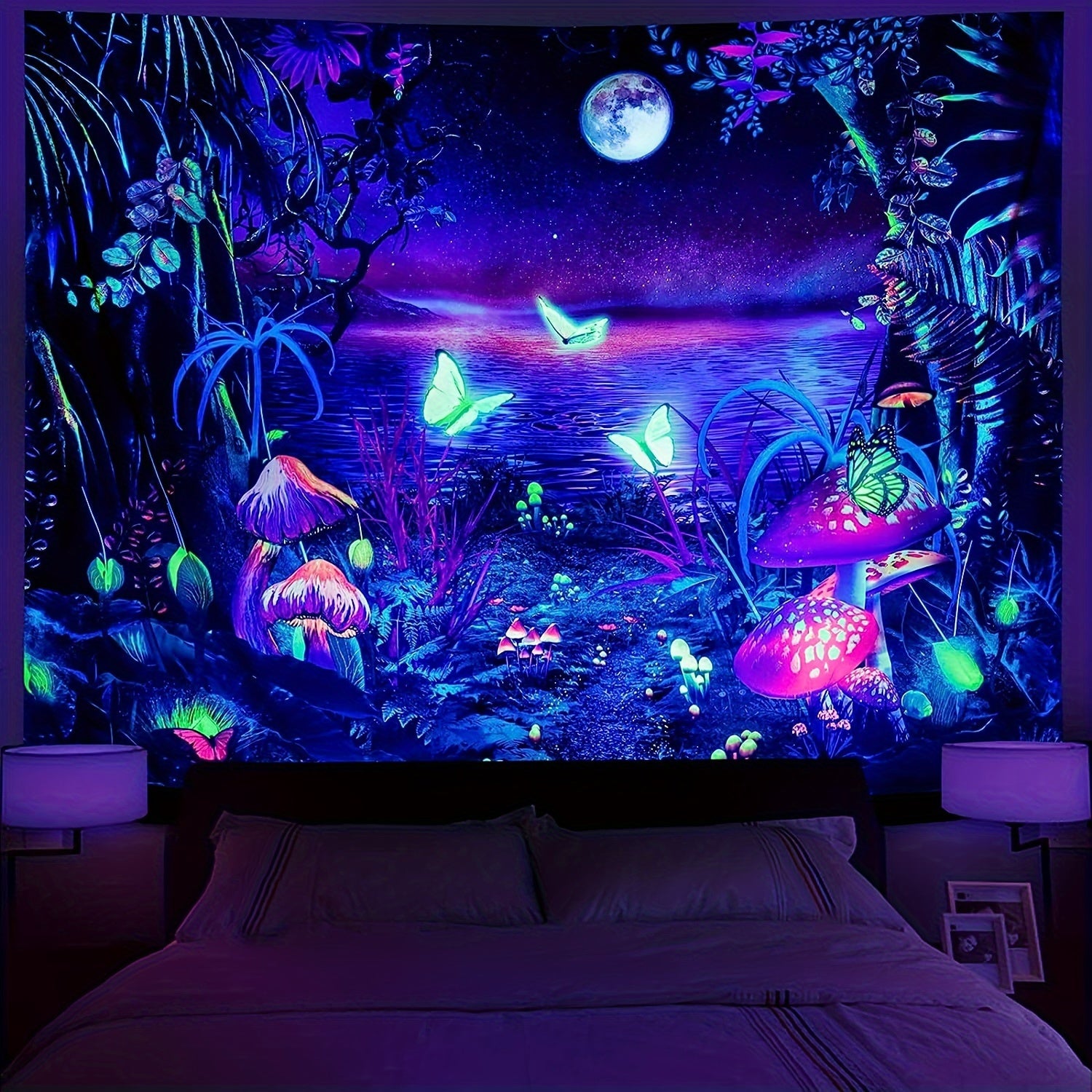 Blacklight Fantasy Forest Moon Tapestry UV Reactive Butterfly Space Wall Hanging