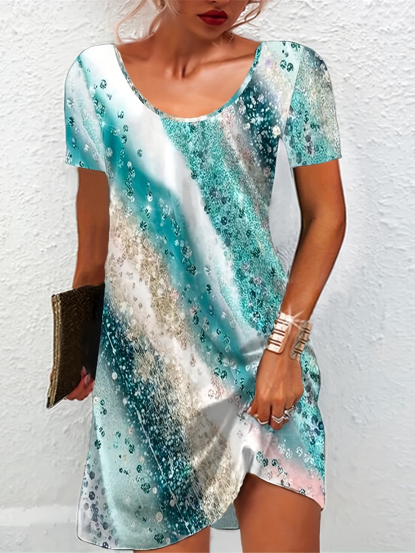 Women's Plus Marble Print Short Sleeve Round Neck Dress