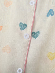 Heart Print Pajama Set Short Sleeve Button Up Top & Elastic Waistband Pants