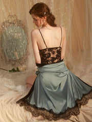Lace Pajama Set Satin Robe & Cami Top Shorts