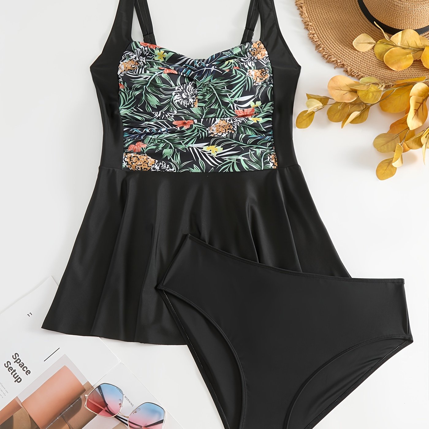 Vacay Tankini Set Contrast Tropical Print Square Neck Cam