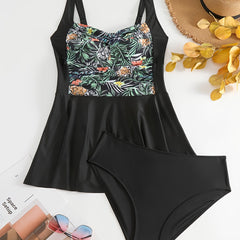 Vacay Tankini Set Contrast Tropical Print Square Neck Cam