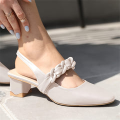 Women's Satin Chunky Heel Slingback Sandals with Chain Detail