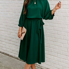 Women's Plus Solid Lantern Sleeve Midi Dress With Belt