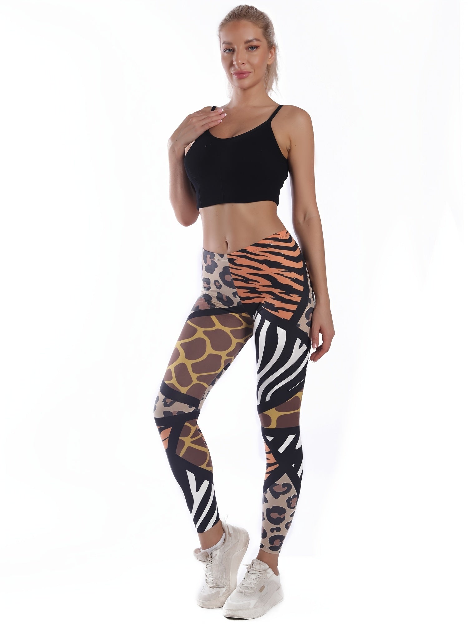 Leopard & Striped Print High Waist Leggings Stylish Skinny Stretchy Leggings