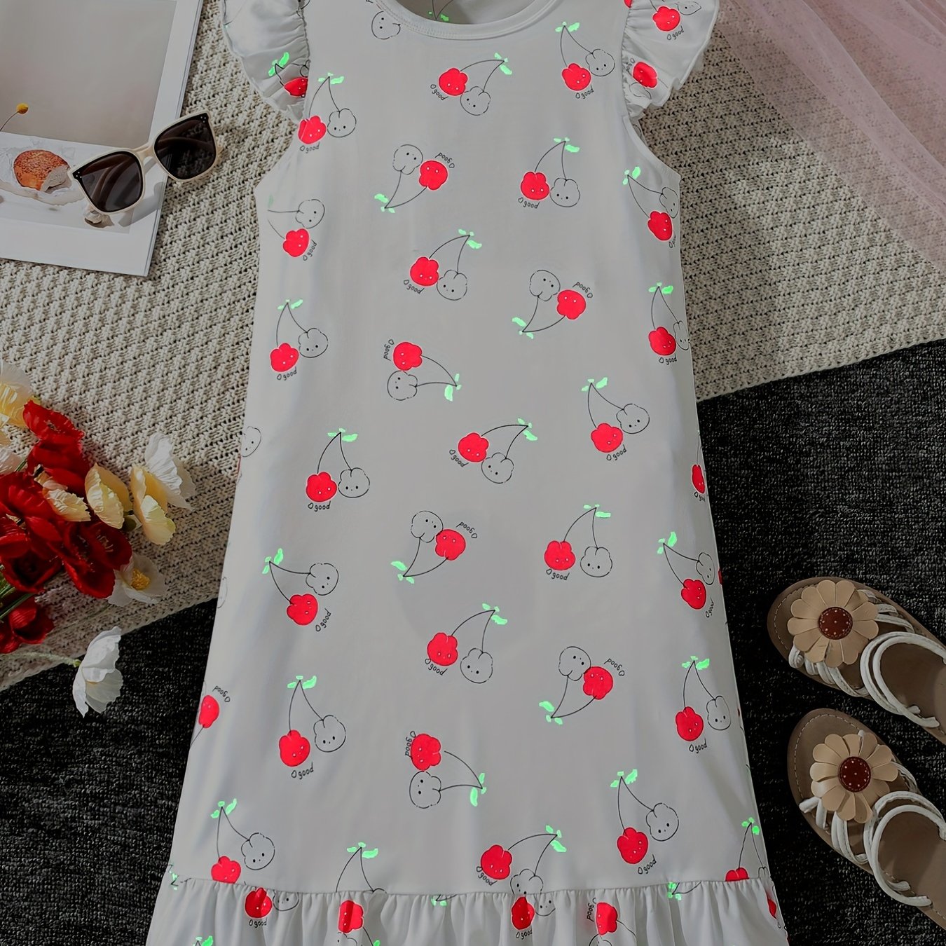 Girls Cherry Print Sleeveless Nightdress Ruffle PJ Round Neck Dress