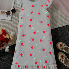 Girls Cherry Print Sleeveless Nightdress Ruffle PJ Round Neck Dress