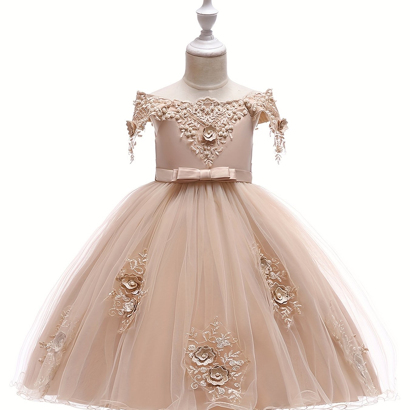 Girls Flower Beaded Embroidered Ball Gown Party Dress