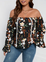 Blouse Women's Plus Floral Print Off Shoulder Bell Sleeve Shirt Top