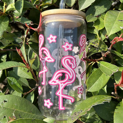 Flamingo Pattern Water Cup Set with Lid and Straw Iced Coffee Cup