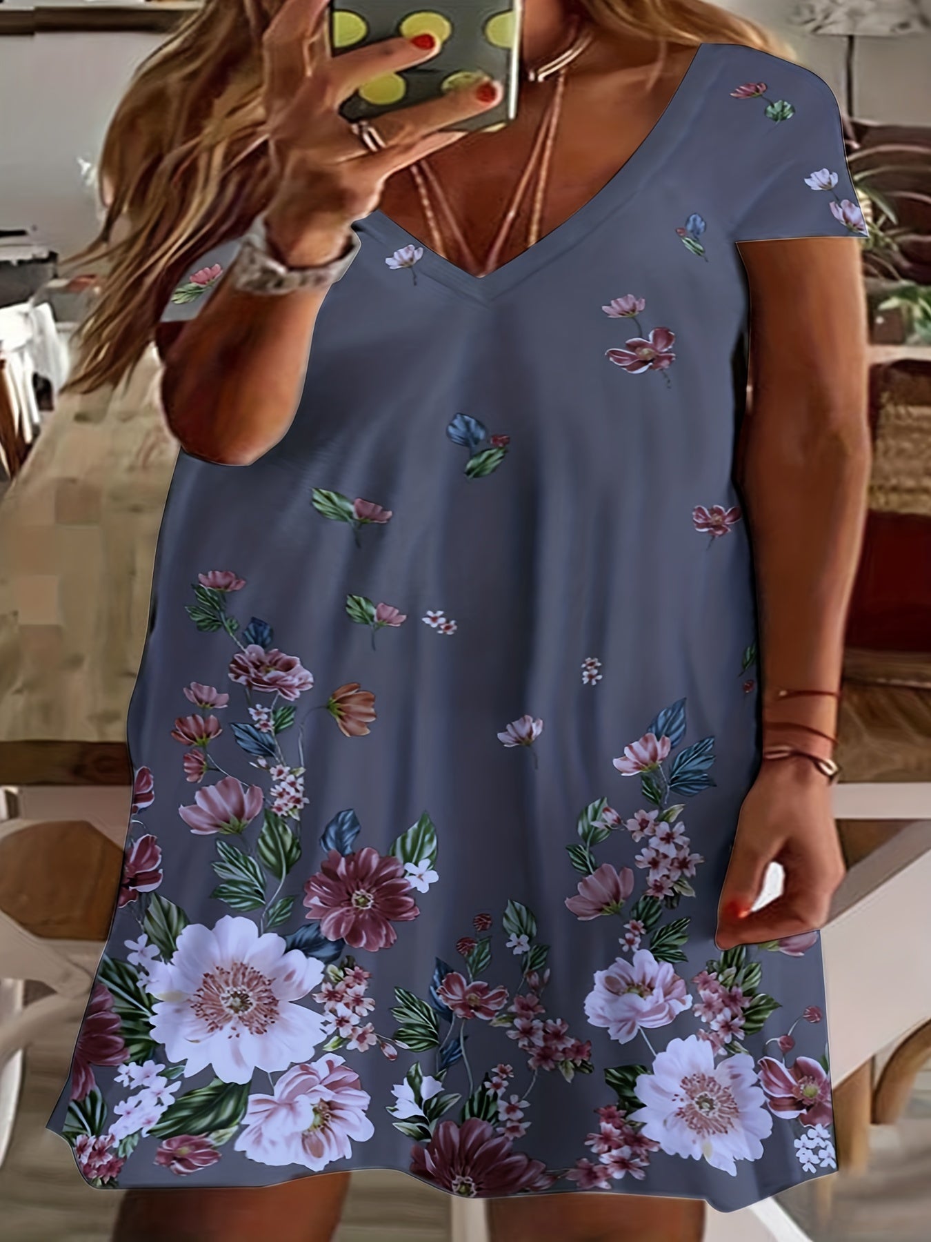Floral Print V Neck Tee Dress